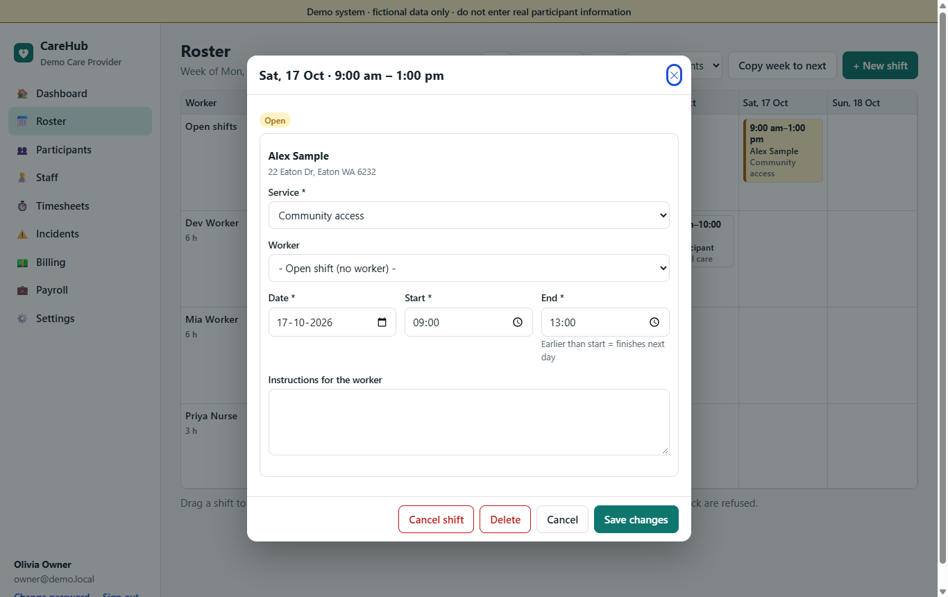 Shift details dialog with service, worker, times and instructions
