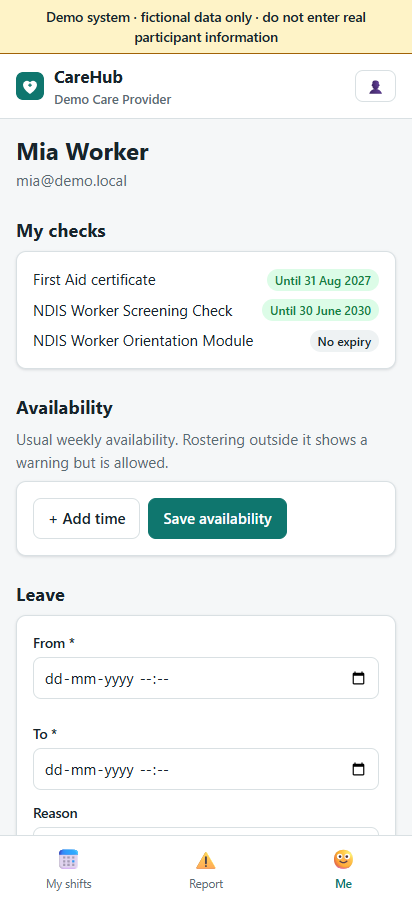 Worker app: the Me screen with the worker's checks and their expiry dates, availability and a leave request form