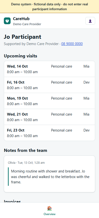 Family portal showing a participant's upcoming visits and a note from the team